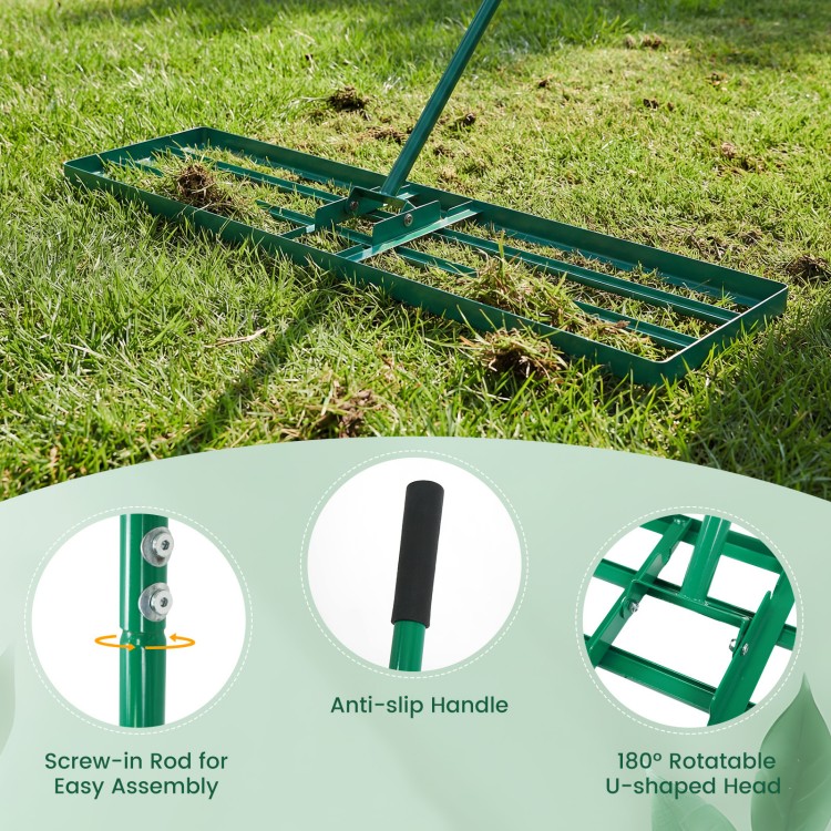 Lawn leveling rake with ergonomic handle, 42 x 10 inches, featuring a rotatable U-shaped head for efficient lawn care.