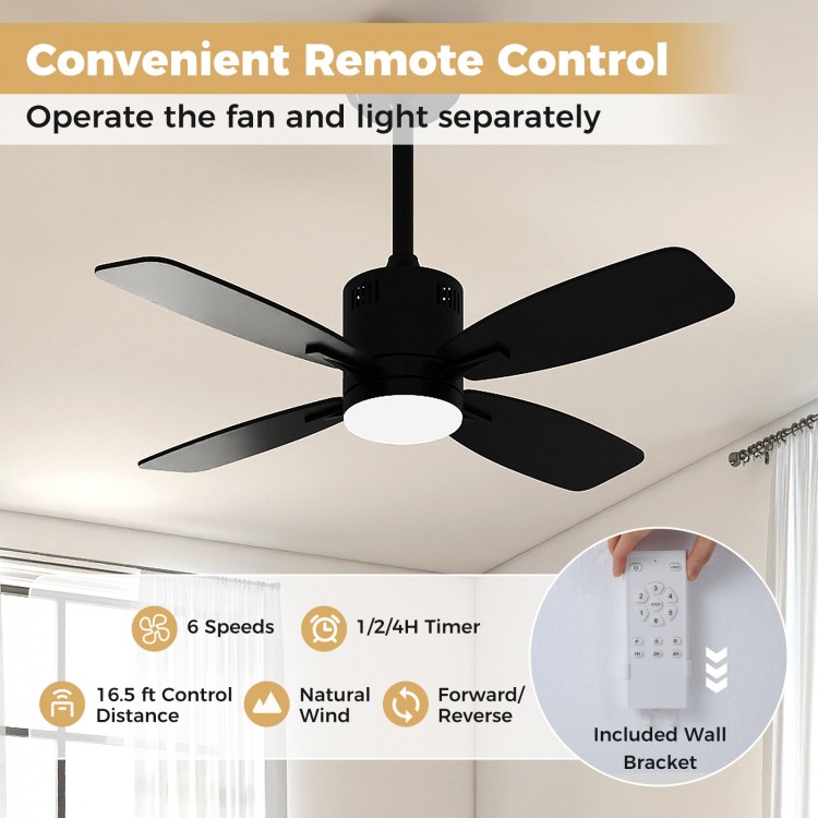 42-inch black ceiling fan with light and remote control, featuring 6 speeds and 3CCT LED for versatile indoor comfort.