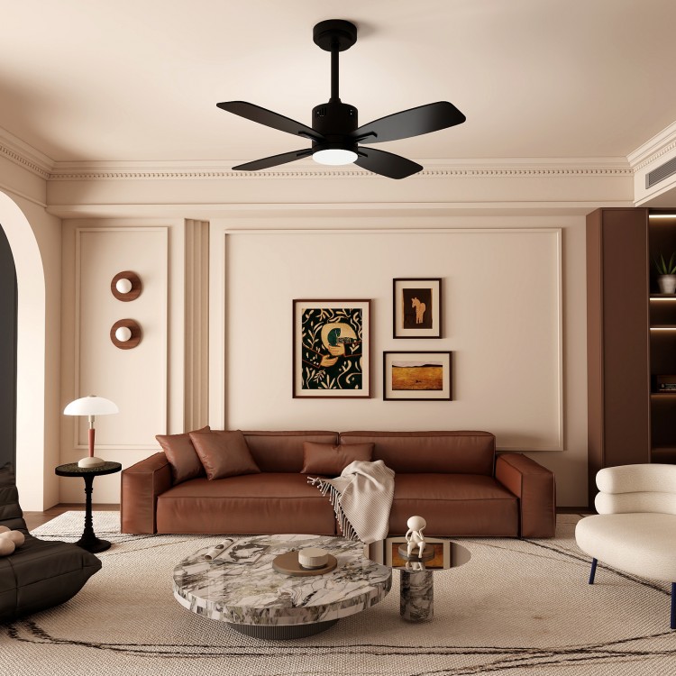 42-inch black ceiling fan with light and remote, featuring 6 speeds and 3CCT LED, ideal for indoor spaces and patios.