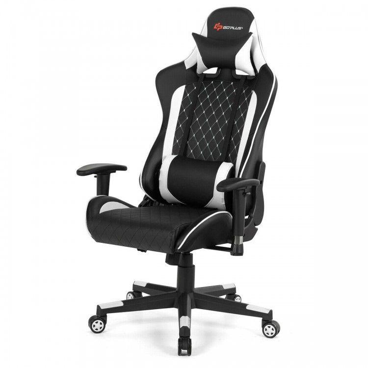 Massage gaming chair in white with lumbar support, adjustable backrest, and smooth-rolling wheels for ultimate comfort.