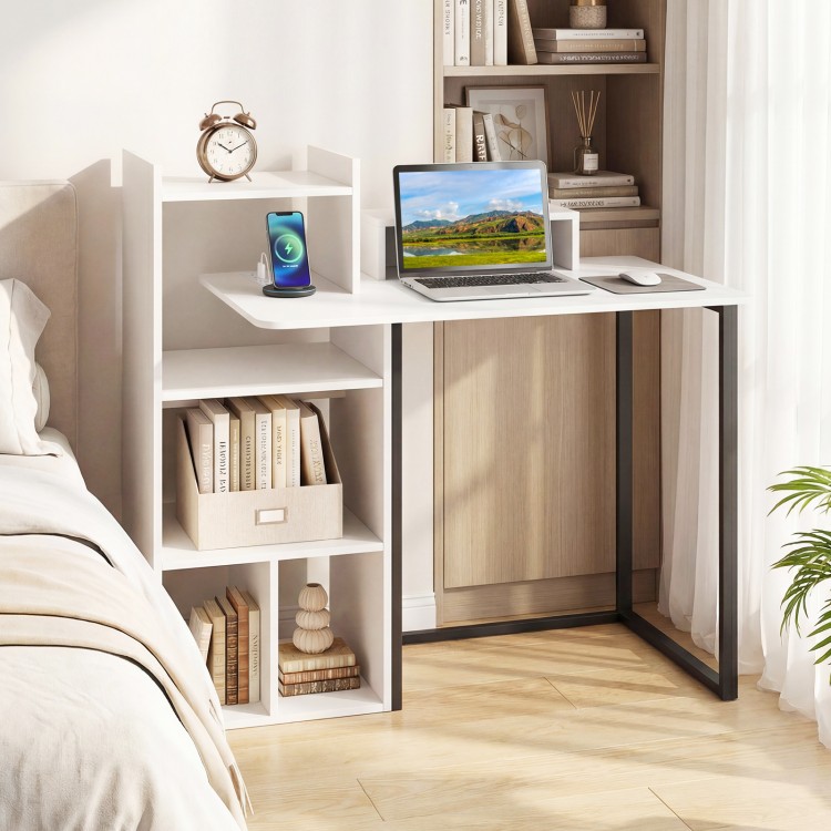 43.5" white computer desk with ergonomic monitor stand, charging station, and open shelves for versatile storage.