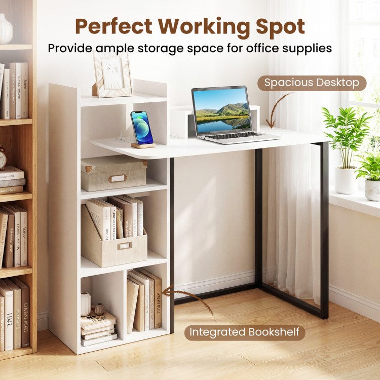 43.5" white computer desk with ergonomic monitor stand and integrated bookshelf for home office storage and convenience.