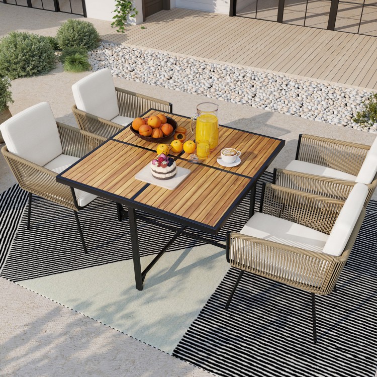 Square 43.5-inch patio dining table with acacia wood top and sturdy metal legs, perfect for outdoor dining and.