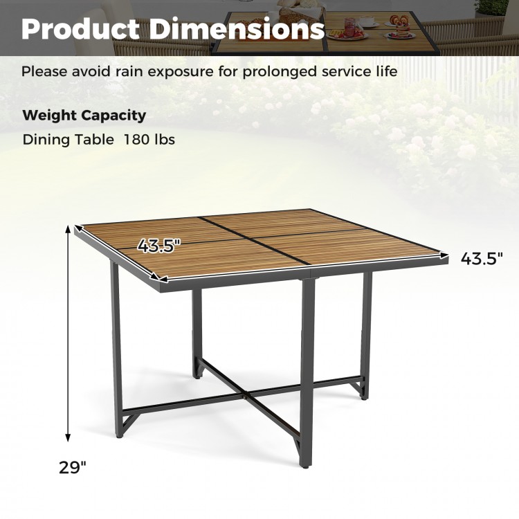 Square 43.5-inch patio dining table with acacia wood top and sturdy metal legs, ideal for outdoor dining and gatherings.