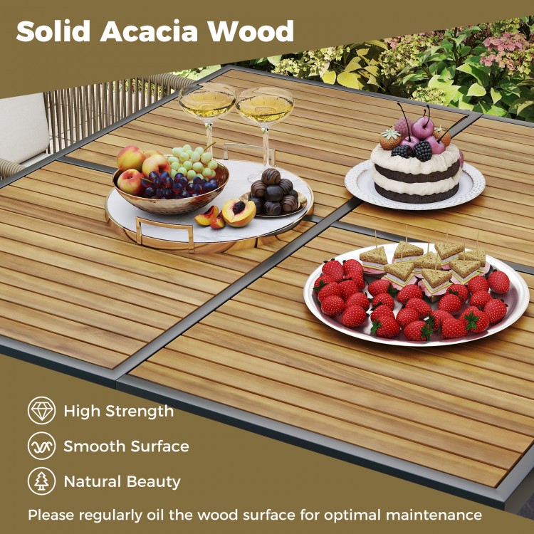 Square 43.5-inch patio dining table made of solid acacia wood, featuring a smooth surface and sturdy metal legs for.