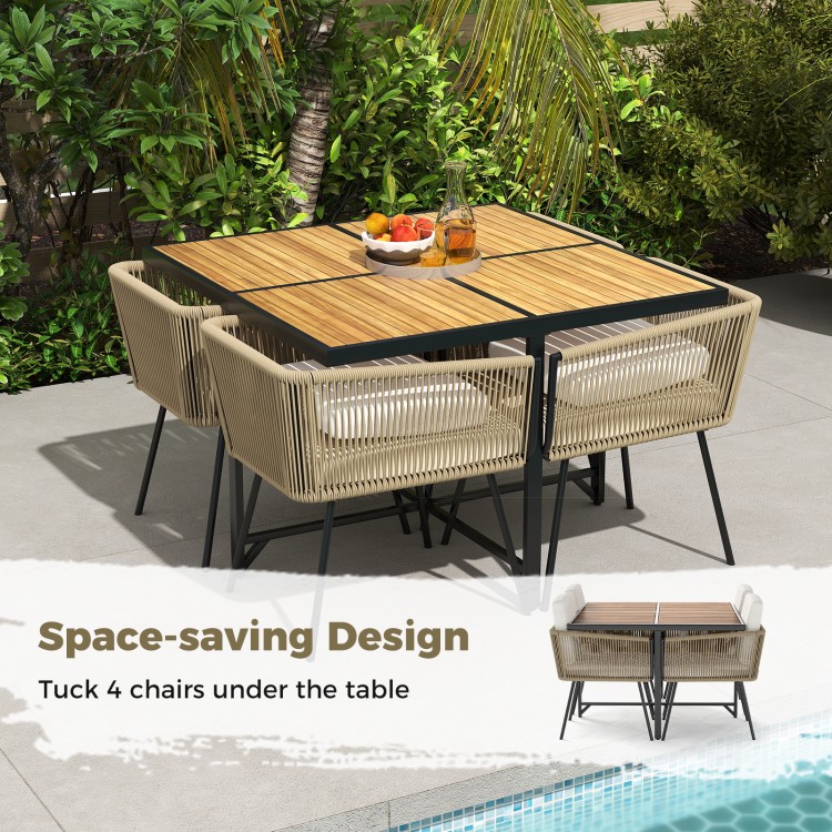 Square patio dining table featuring natural acacia wood and sturdy metal legs, perfect for 4-person outdoor dining.