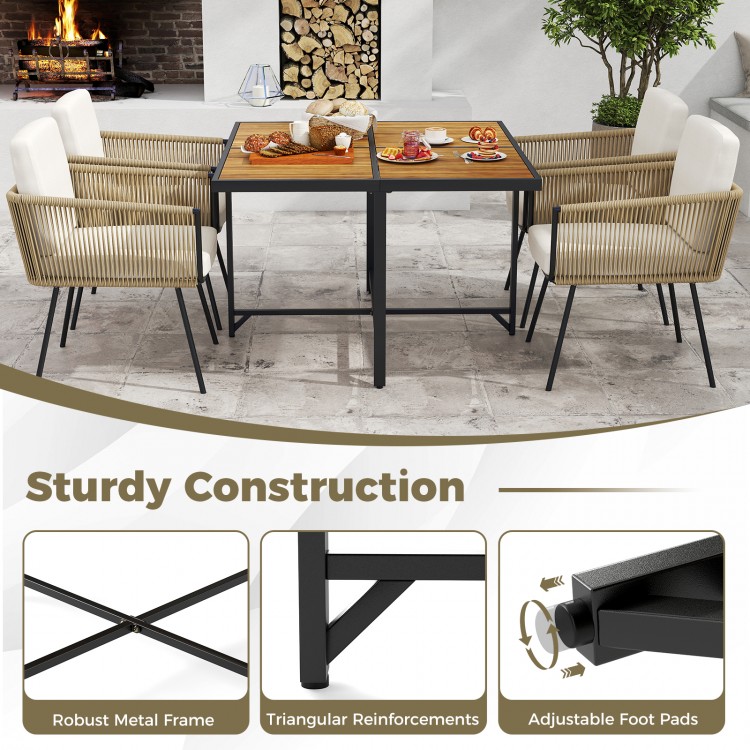 Square patio dining table with robust metal frame and adjustable foot pads, ideal for stable use on uneven surfaces.
