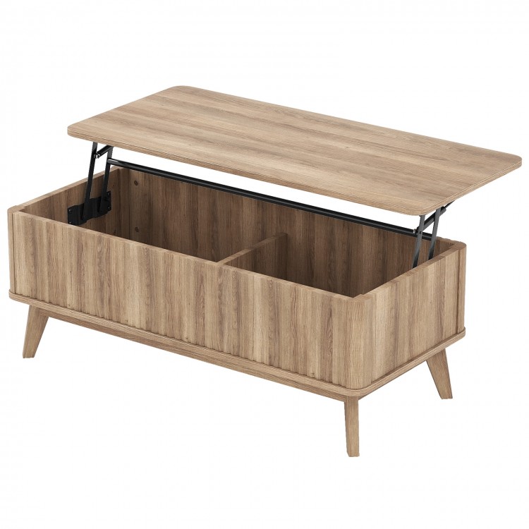 Rectangle wooden lift-top coffee table in walnut with fluted surface and hidden storage compartments for versatile use.