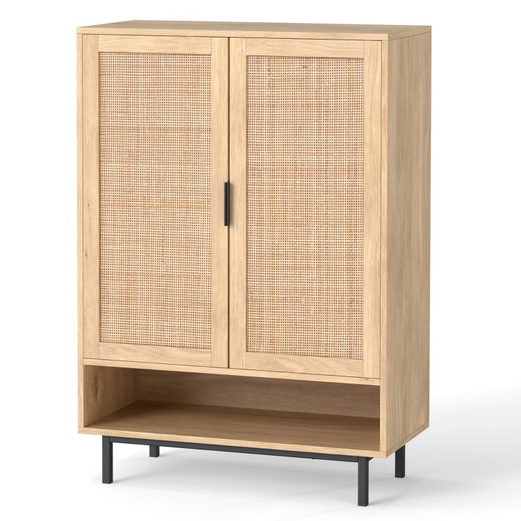 43-inch tall shoe cabinet with double doors, natural finish, rattan decorations, and adjustable shelves for versatile.