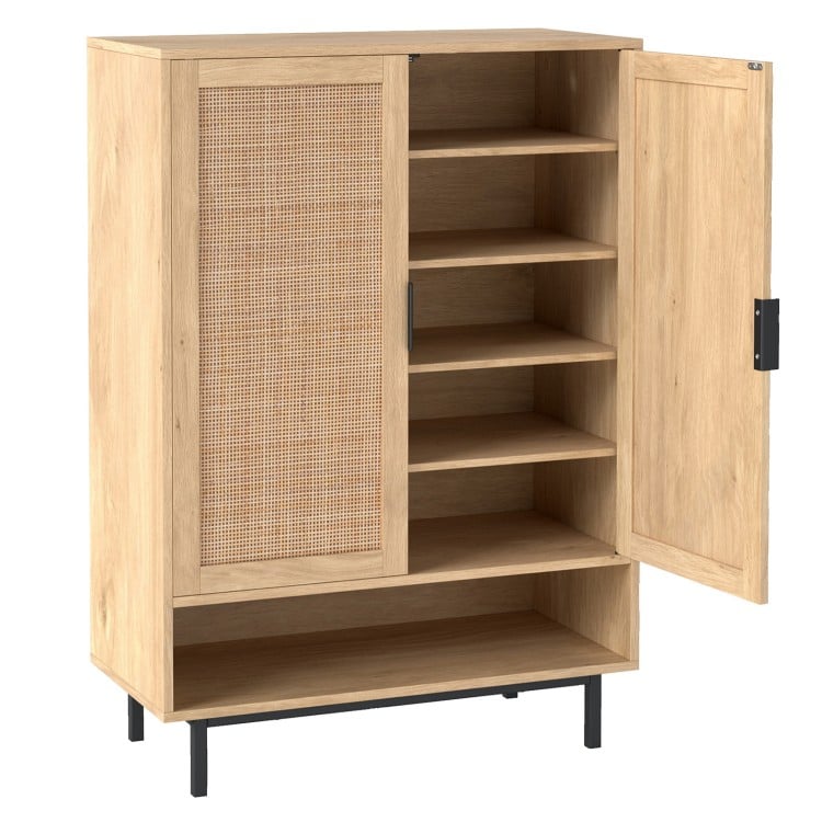 43-inch tall shoe cabinet with double doors, natural finish, rattan accents, adjustable shelves for versatile storage.
