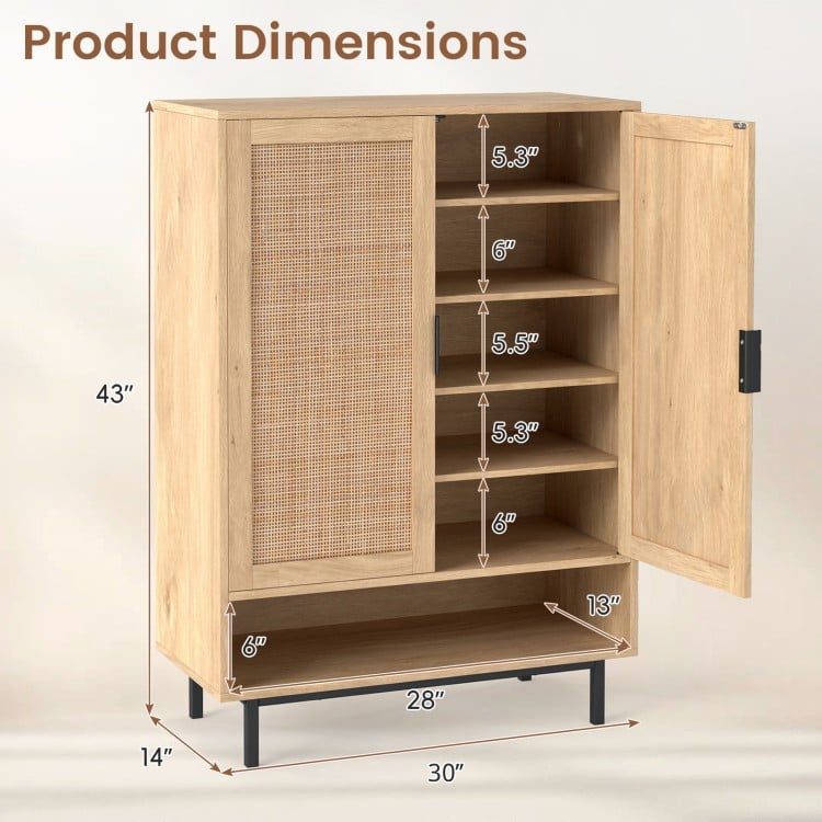 43-inch tall shoe cabinet with double doors, natural finish, featuring adjustable shelves and rattan decoration for.