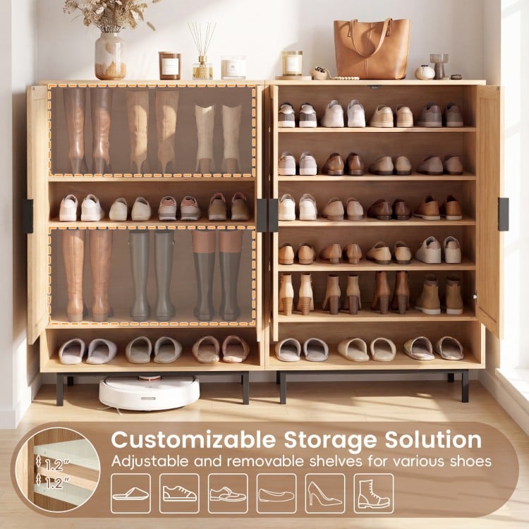 43-inch tall shoe cabinet with double doors, featuring adjustable shelves and rattan accents for stylish storage in.