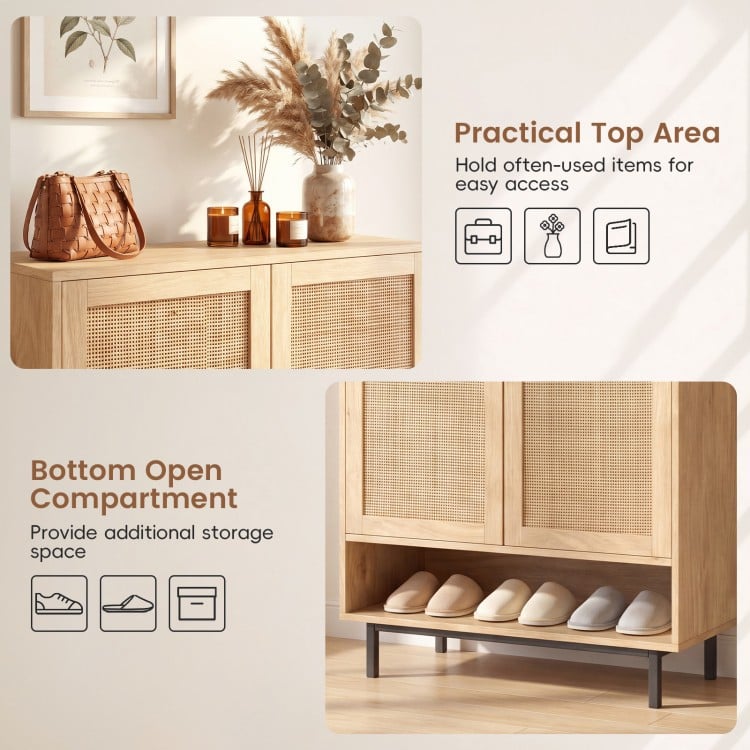 43-inch tall shoe cabinet with natural finish, featuring rattan decor, top area for items, and open compartment for.