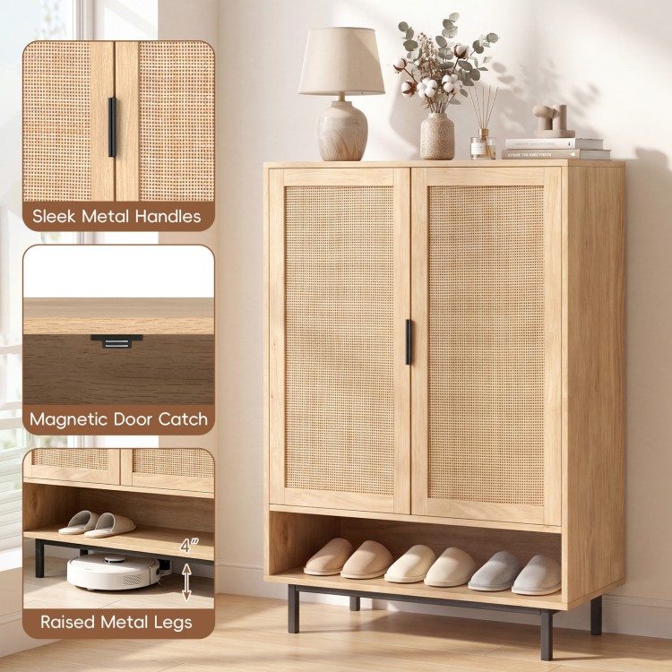 43-inch tall shoe cabinet with double doors, rattan accents, adjustable shelves, and raised metal legs for entryway.