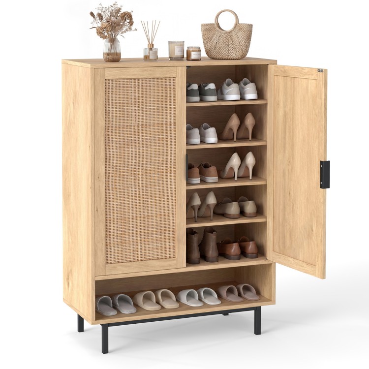 Tall 43-inch shoe cabinet with double doors, rattan decor, adjustable shelves, ideal for entryway storage.