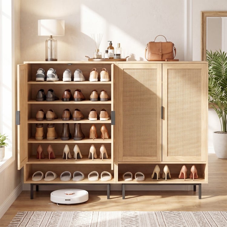 43-inch tall shoe cabinet with double doors, natural finish, featuring rattan accents and adjustable shelves for.
