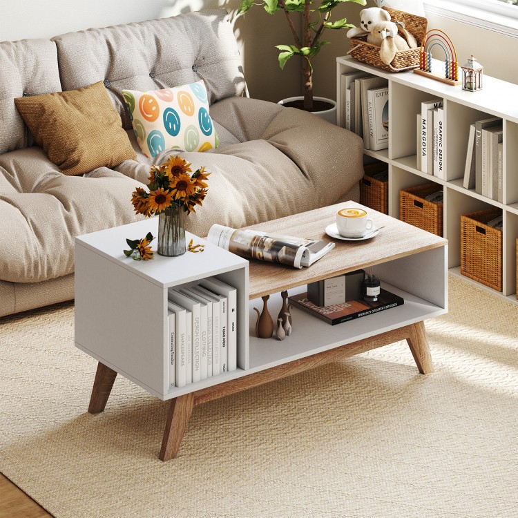 43-inch coffee table with stepped tabletop and storage compartments, featuring a white finish and splayed wooden legs.