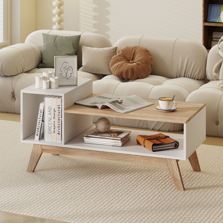 43-inch coffee table with stepped tabletop and storage compartments in white, perfect for living room or study use.