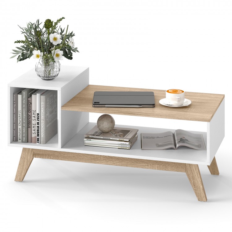 43-inch white coffee table with stepped tabletop, open compartments, and splayed legs for versatile living room use.