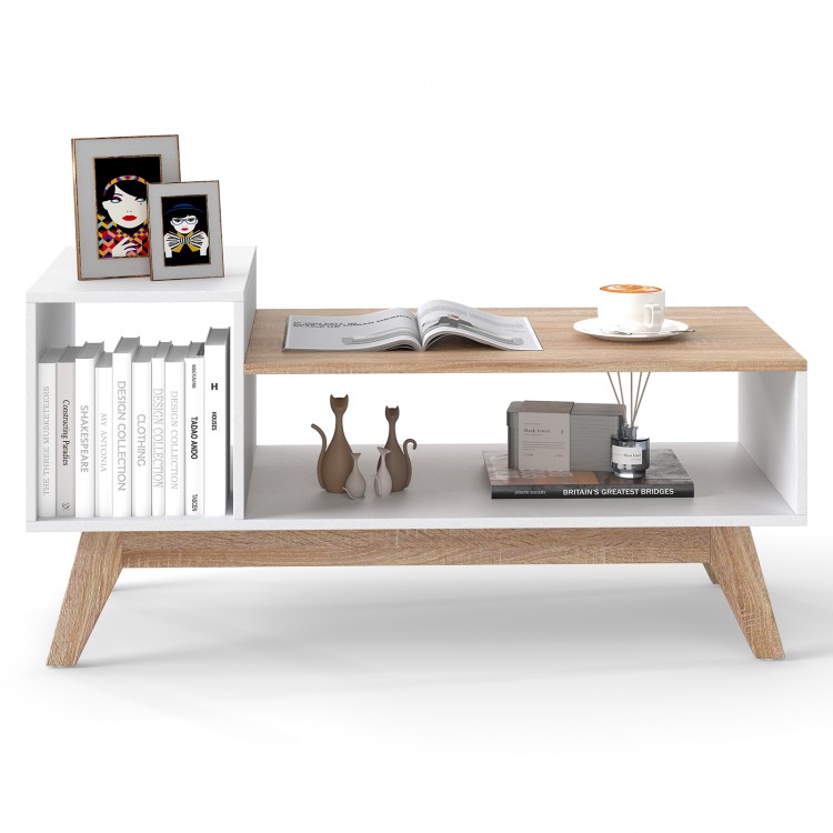 43-inch coffee table with stepped tabletop, open compartments, and splayed legs, ideal for living room or study use.