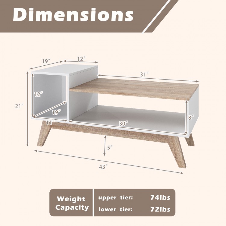 43-inch coffee table with stepped tabletop and open storage compartments, featuring a white finish and splayed legs.