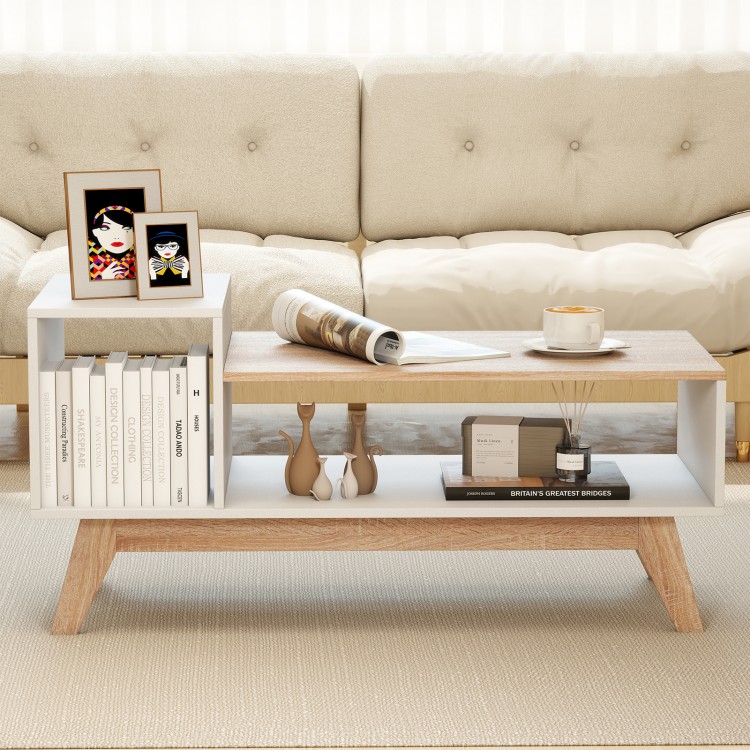 43-inch coffee table showcasing a stepped tabletop and open storage compartments, designed for easy access in any room.