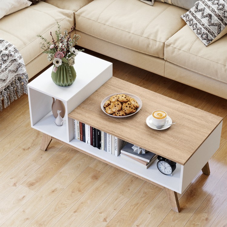 43-inch white coffee table with stepped tabletop, open storage compartments, and splayed legs for versatile living room.