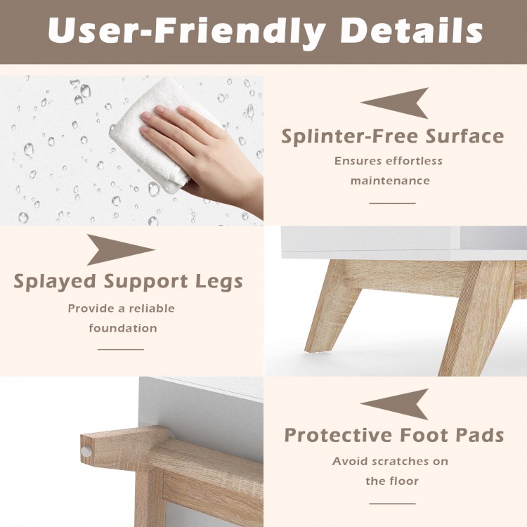 Stepped tabletop coffee table with splayed support legs and protective foot pads for reliable use and scratch.