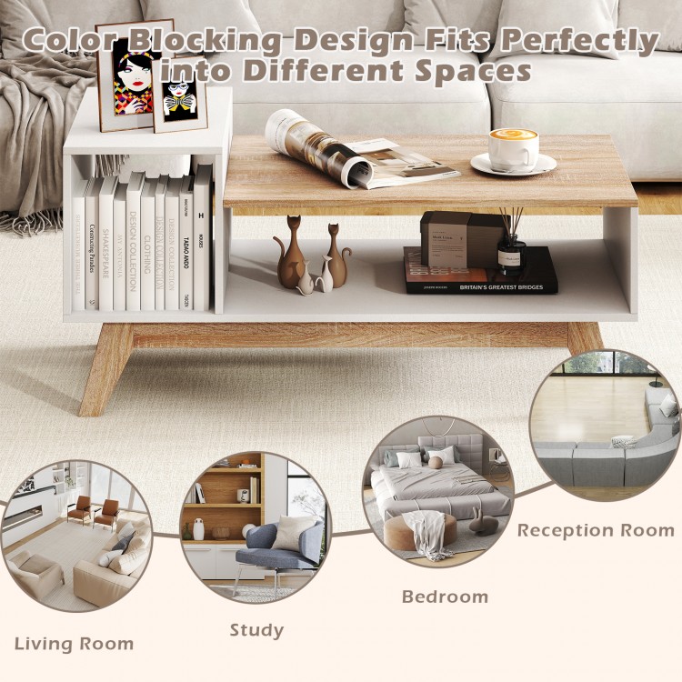 43-inch coffee table with stepped tabletop and storage compartments, featuring a color blocking design for versatile.