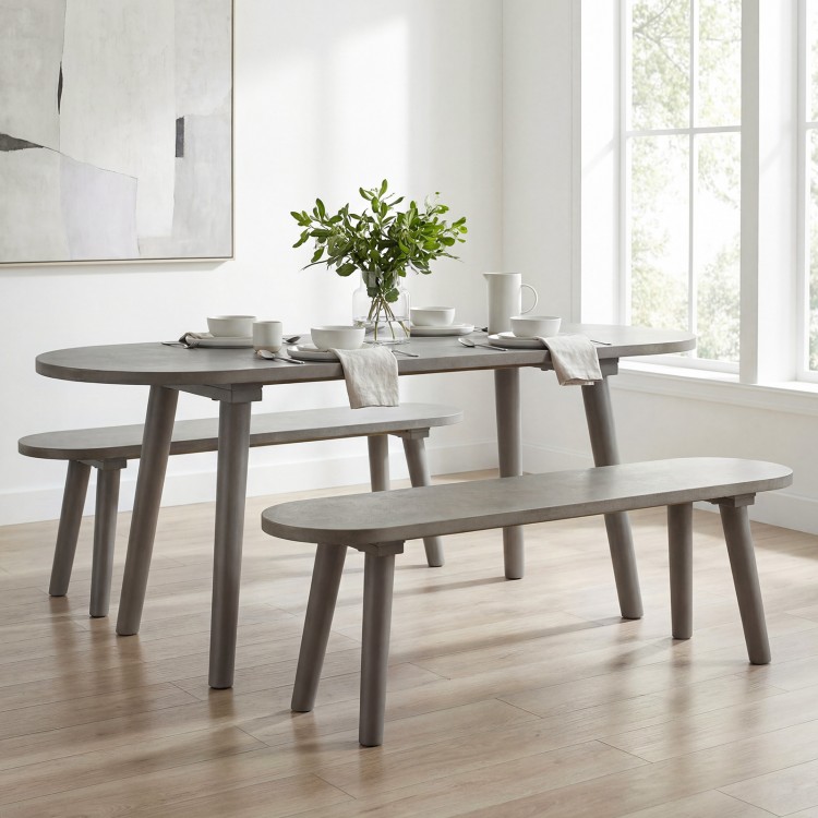 Gray 43-inch solid wood farmhouse dining bench with rubber wood legs, ideal for small spaces and versatile use.