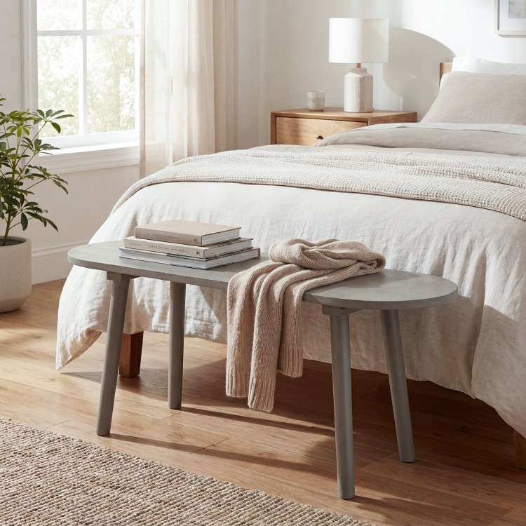 Compact gray farmhouse dining bench with rubber wood legs, perfect for bedrooms and convenient seating in small spaces.