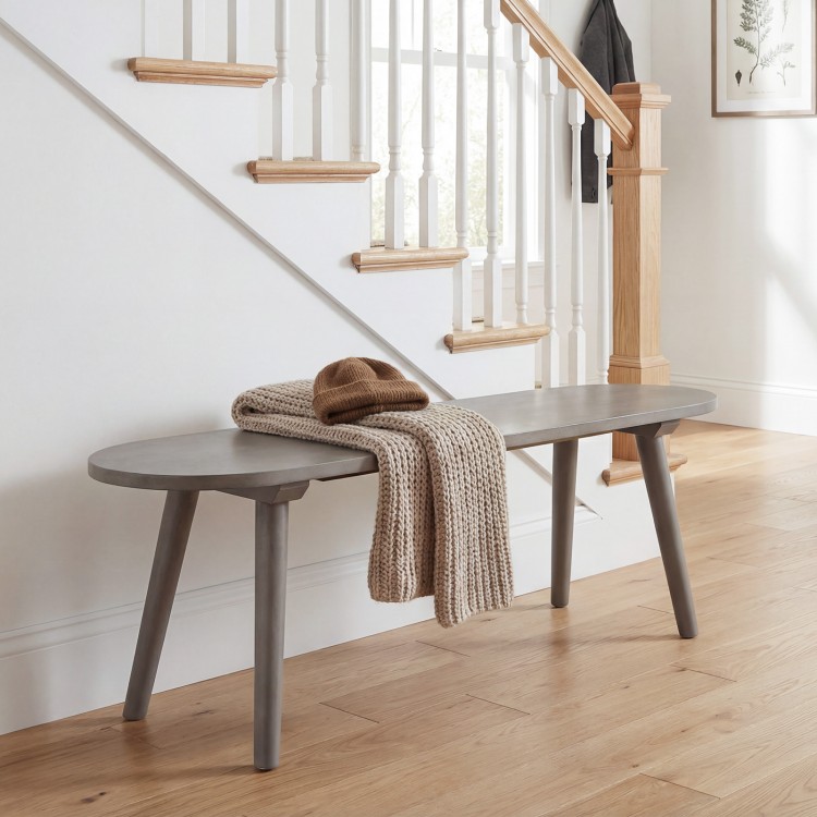 Gray 43-inch solid wood farmhouse dining bench with rubber wood legs, perfect for entryways or small spaces.