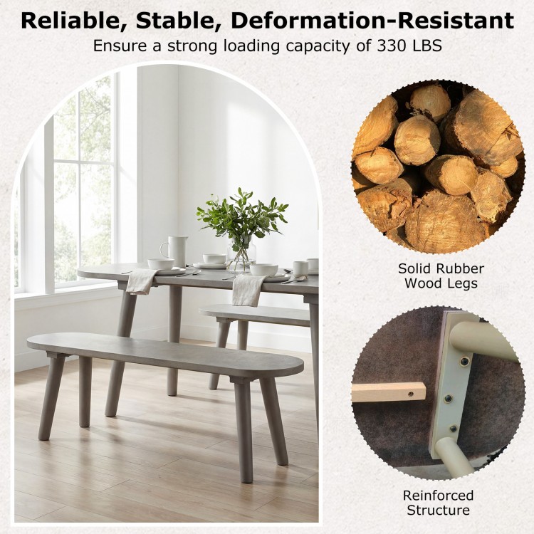 Rustic 43-inch gray farmhouse dining bench with solid rubber wood legs, ideal for entryways and compact spaces.