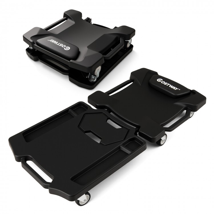 Foldable mechanic creeper in black with padded headrest and tool trays, designed for easy storage and transport.
