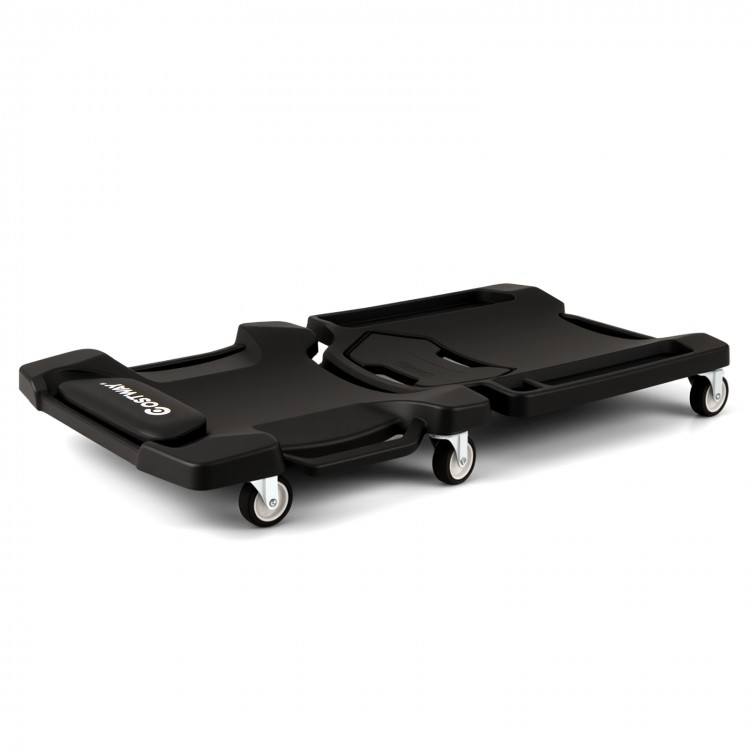 Foldable mechanic creeper with padded headrest and tool trays, designed for comfort and easy mobility, supports up to.