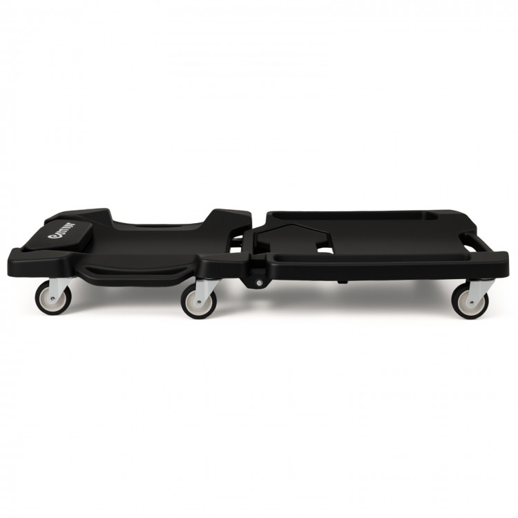 Foldable mechanic creeper with padded headrest, tool trays, and 6 universal casters for easy mobility and storage.