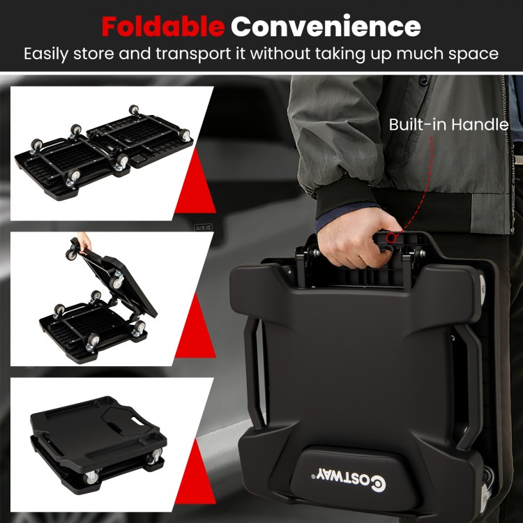 Foldable mechanic creeper with padded headrest, tool trays, and built-in handle for easy transport and storage.