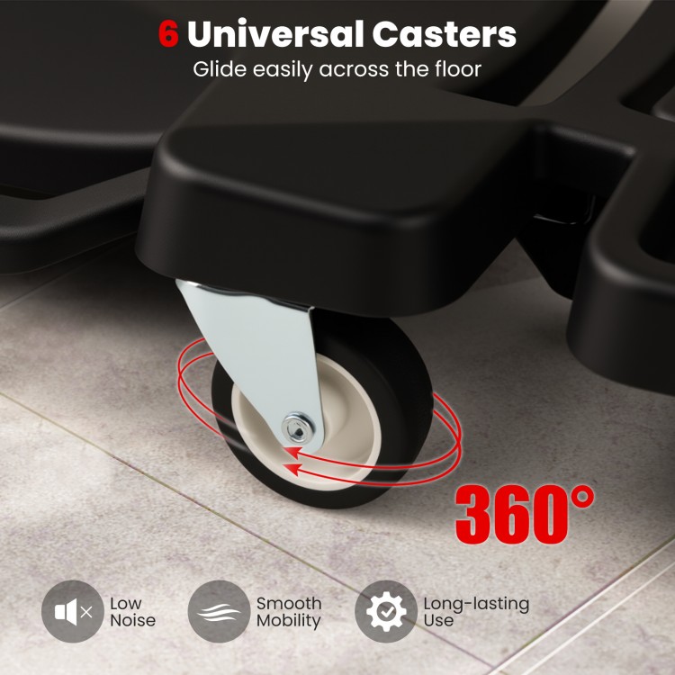 Close-up of a 360-degree universal caster on a foldable mechanic creeper, designed for smooth mobility and low noise.