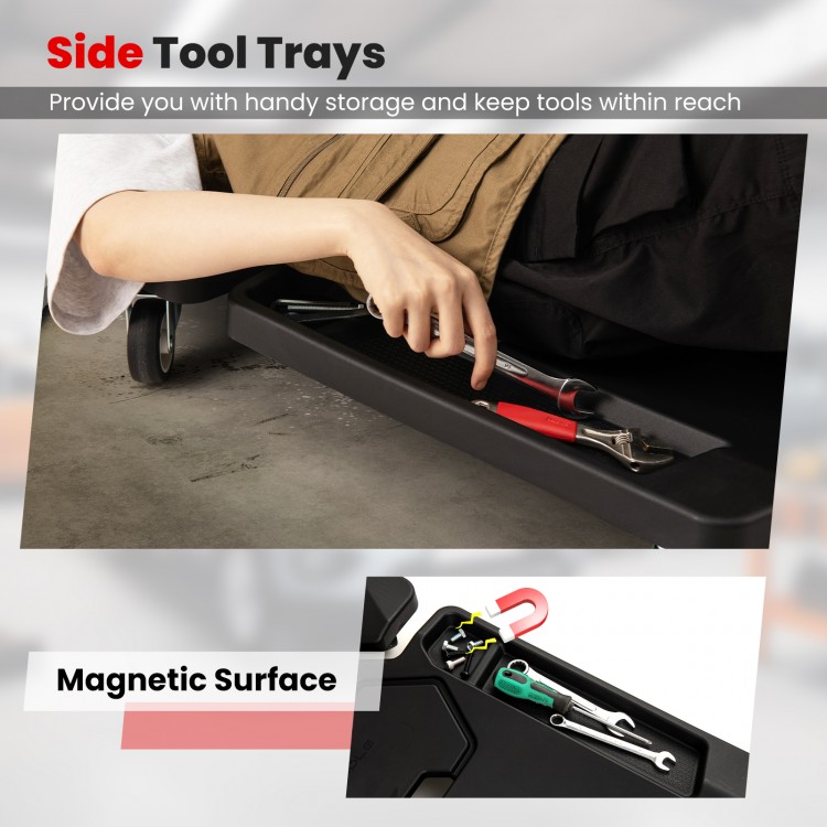Side tool trays of the 43-inch foldable mechanic creeper with magnetic surfaces for convenient tool storage.