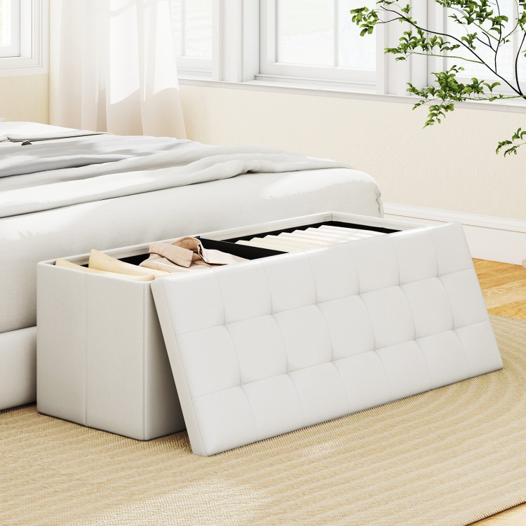Folding storage ottoman bench in white with removable divider, 38-gal capacity, ideal for bedroom or living room use.