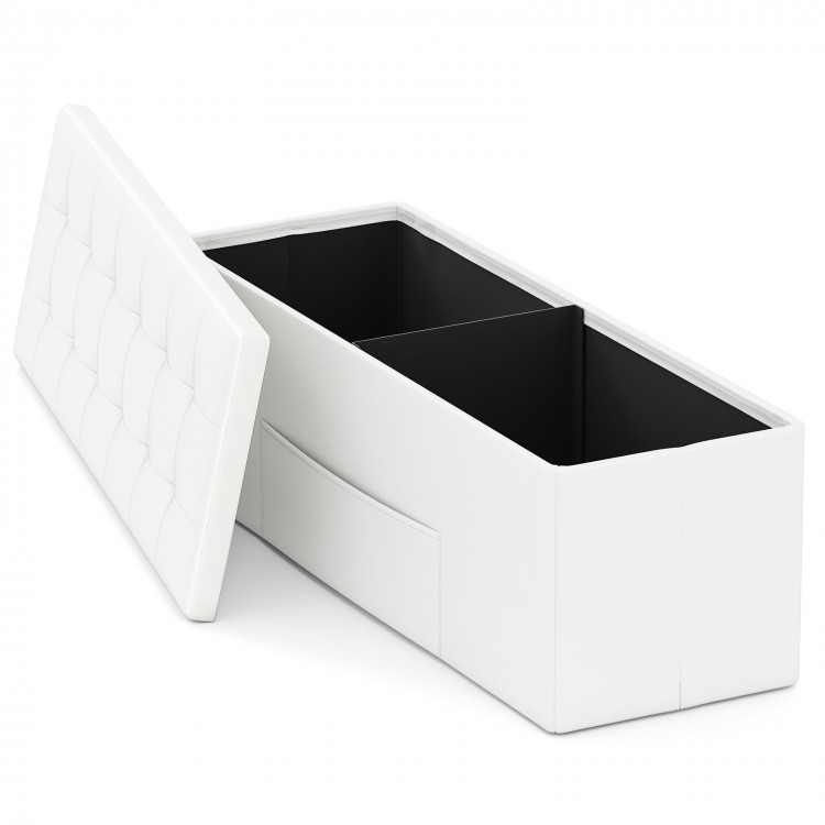White folding storage ottoman bench with removable divider, 38-gal capacity, ideal for bedroom or living room.