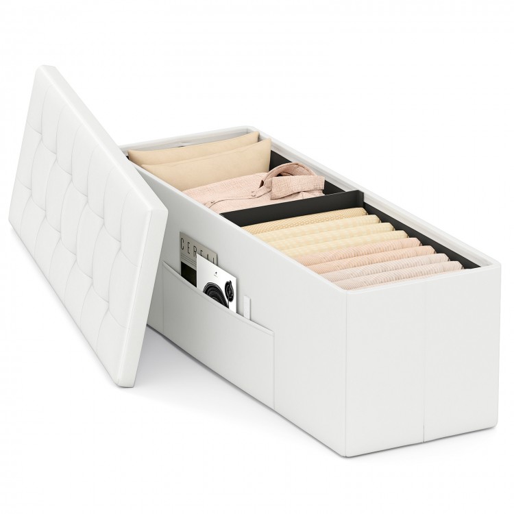 White folding storage ottoman bench with side pocket and 4-layer support, perfect for organized storage in any room.