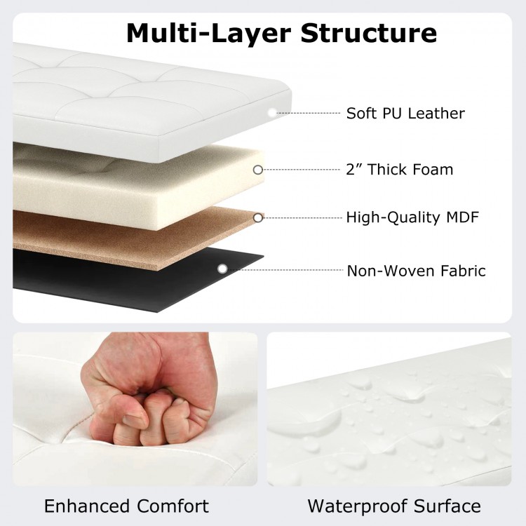 Folding storage ottoman bench with soft PU leather, 2" foam padding, and removable divider for organized storage.