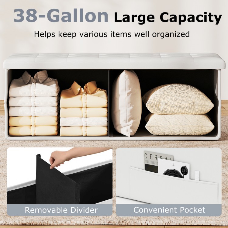 Folding storage ottoman bench in white with 38-gallon capacity, removable divider, and side pocket for organized.
