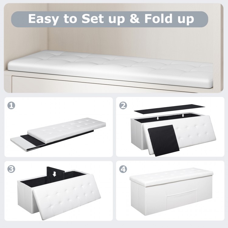 Folding storage ottoman bench in white with removable divider, 38 gal capacity, ideal for bedroom or living room use.
