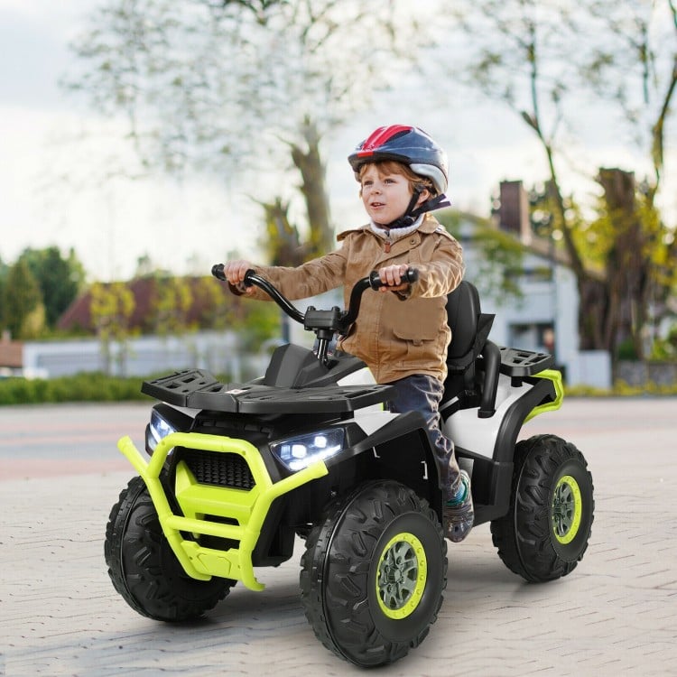 Kids electric 4-wheeler ATV in white with LED lights, MP3, and safety features for fun outdoor driving adventures.