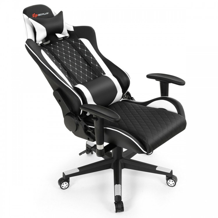 Ergonomic massage gaming chair in black and white with lumbar support, adjustable backrest, and rolling wheels for.