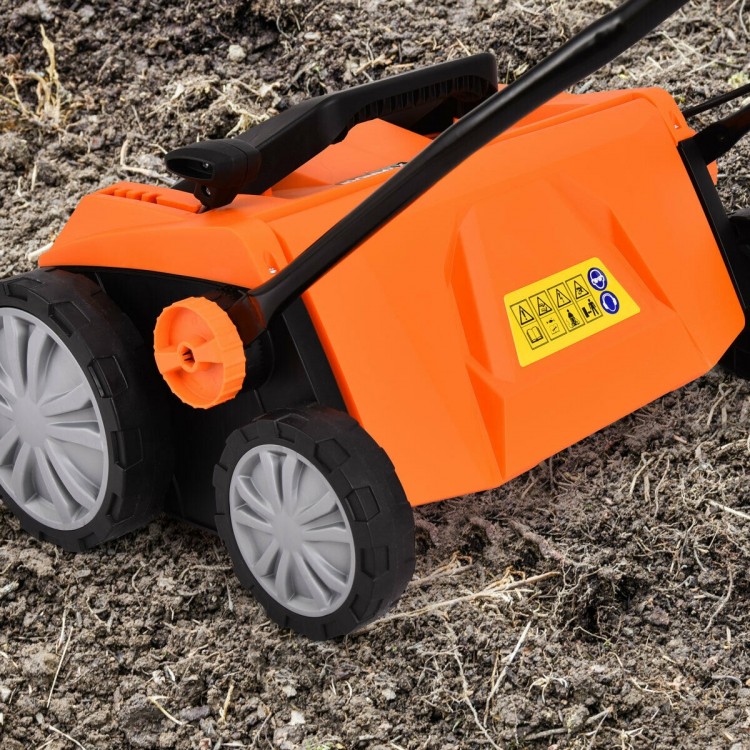 Electric scarifier in orange with removable blades and collection bag, showcasing wheels and adjustable height lever.