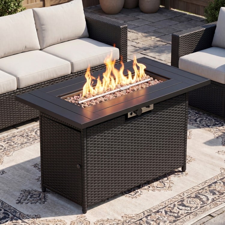 44.5-inch propane fire pit table in black and gray with stainless steel burner, perfect for outdoor gatherings.