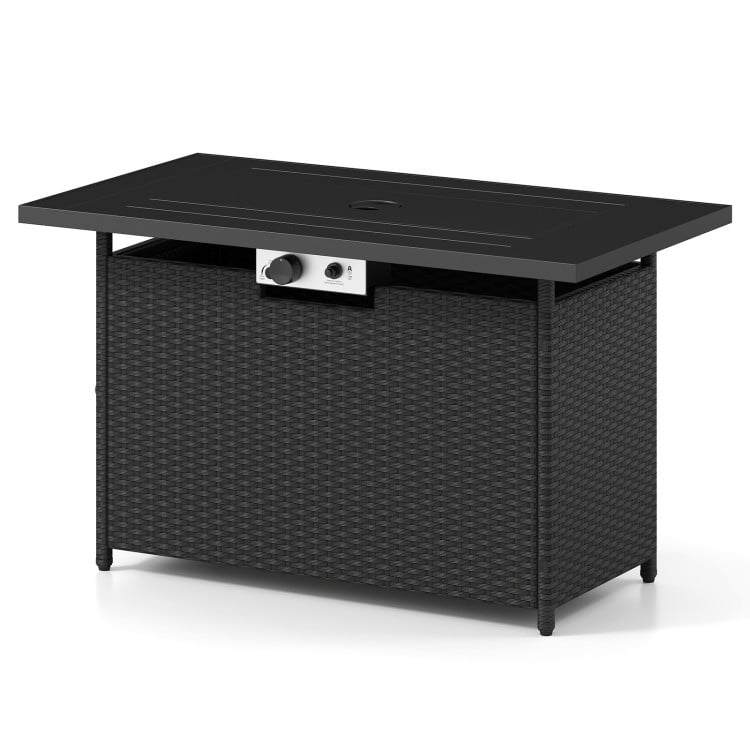 44.5-inch black and gray propane fire pit table with stainless steel burner, ideal for outdoor gatherings and dining.